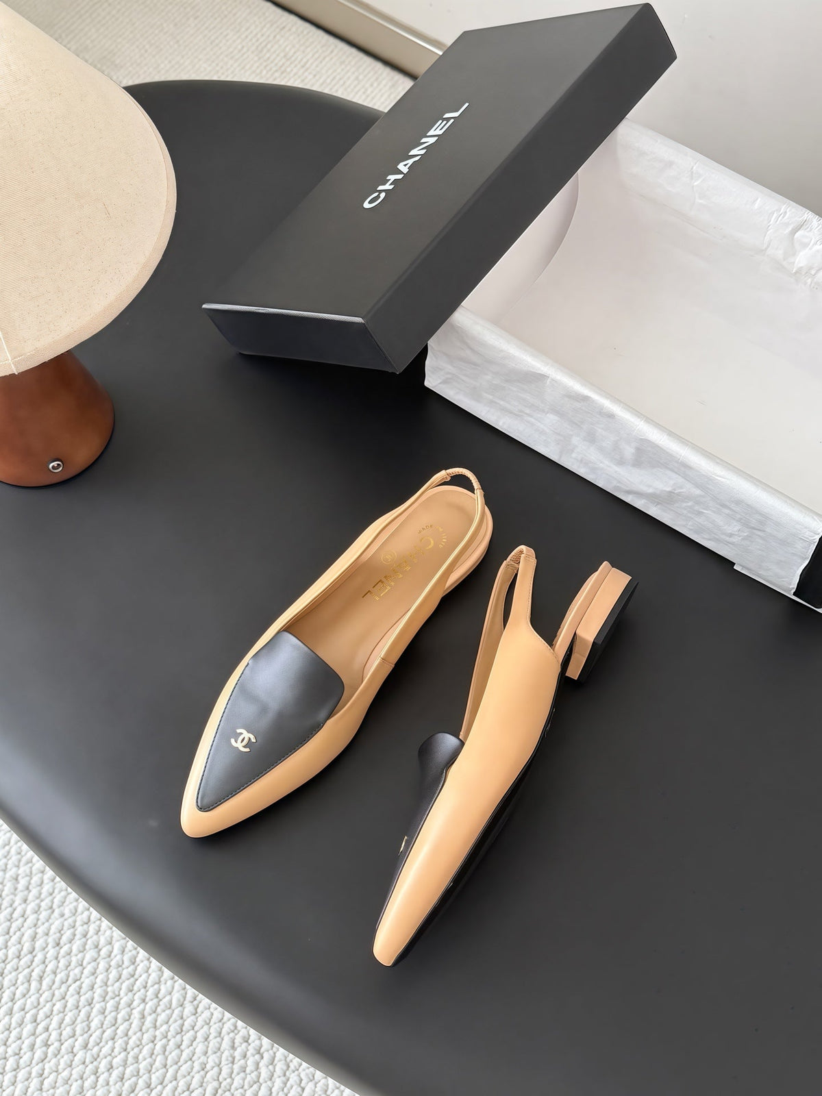 Chanel 26s Slingback Flat Black Beige Calfskin