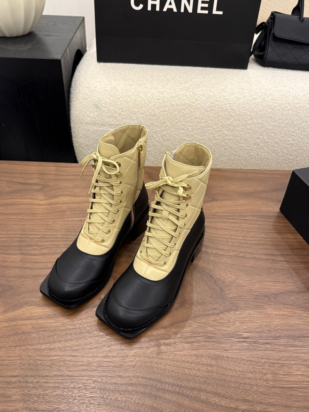 Chanel 26s Lace Up High Top Boots 4.5 Cm Black Beige Calfskin