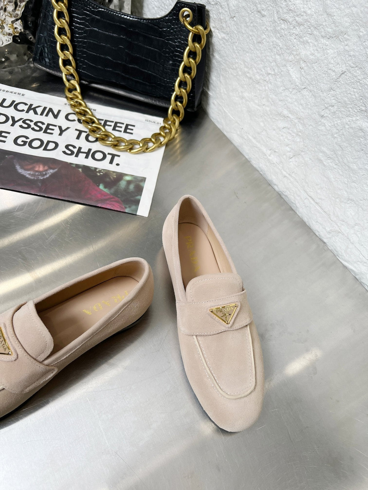 Prada 26S Classic Loafers Nude Beige Logo Suede
