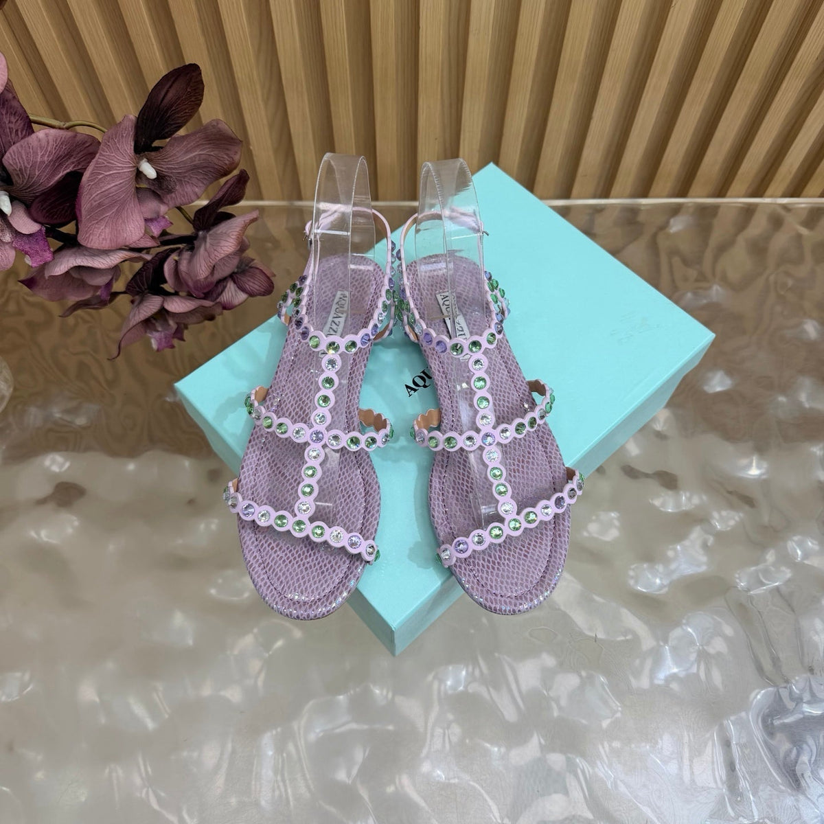 Aquazzura 26s Flat Sandals Light Purple Snakeskin Crystal Embellished 384719
