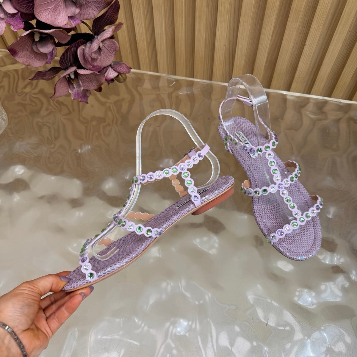 Aquazzura 26s Flat Sandals Light Purple Snakeskin Crystal Embellished 384719
