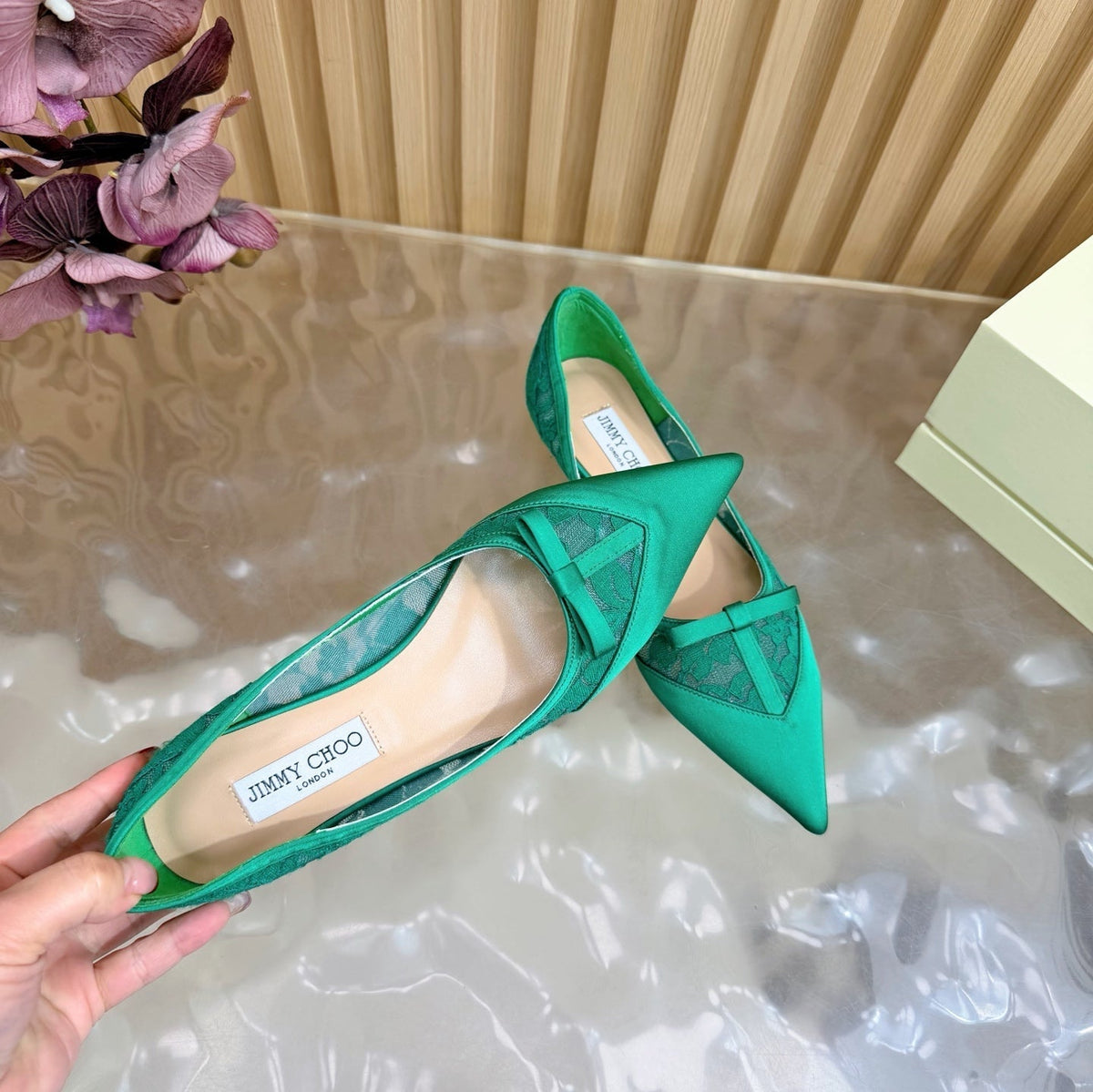 Jimmy Choo 26S Flats Green Lace And Satin 571492