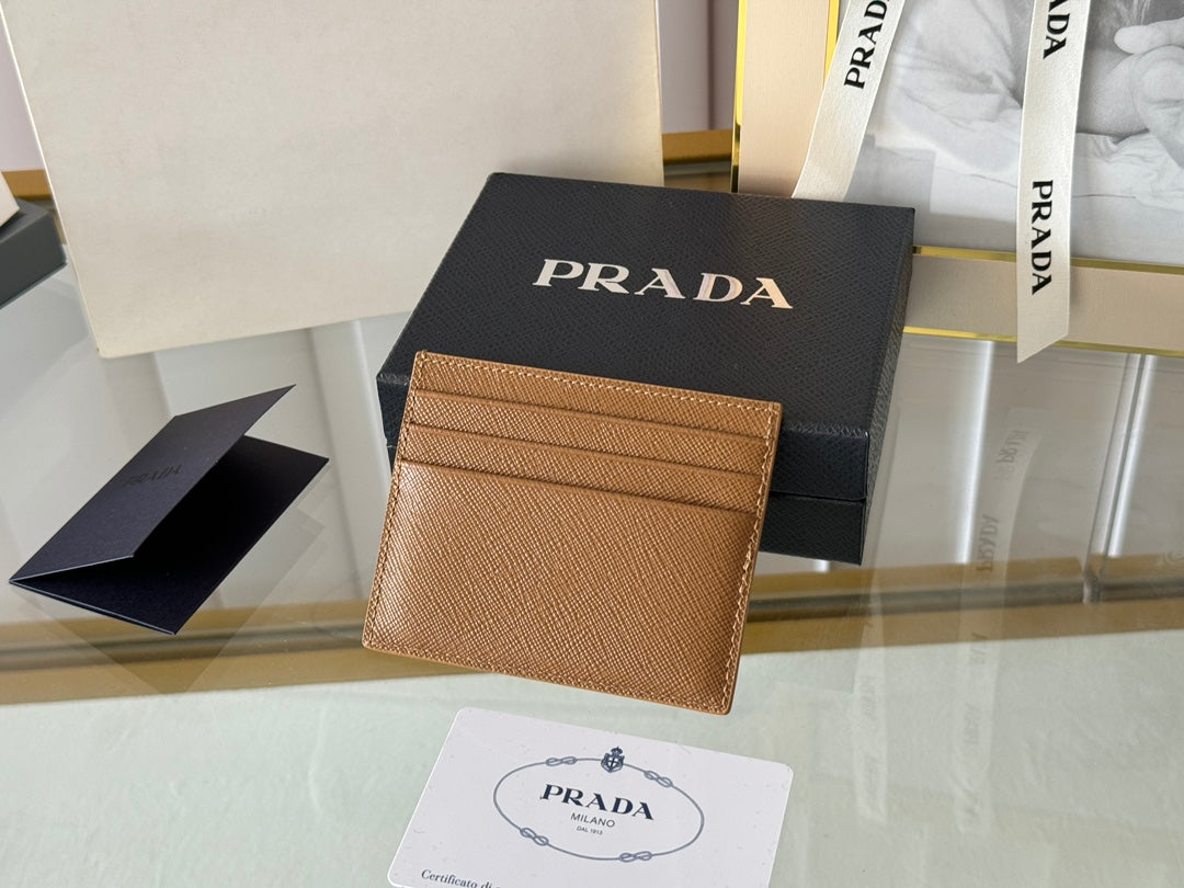 Pra Gold Logo-Stamp Card Holder Brown Saffiano Leather