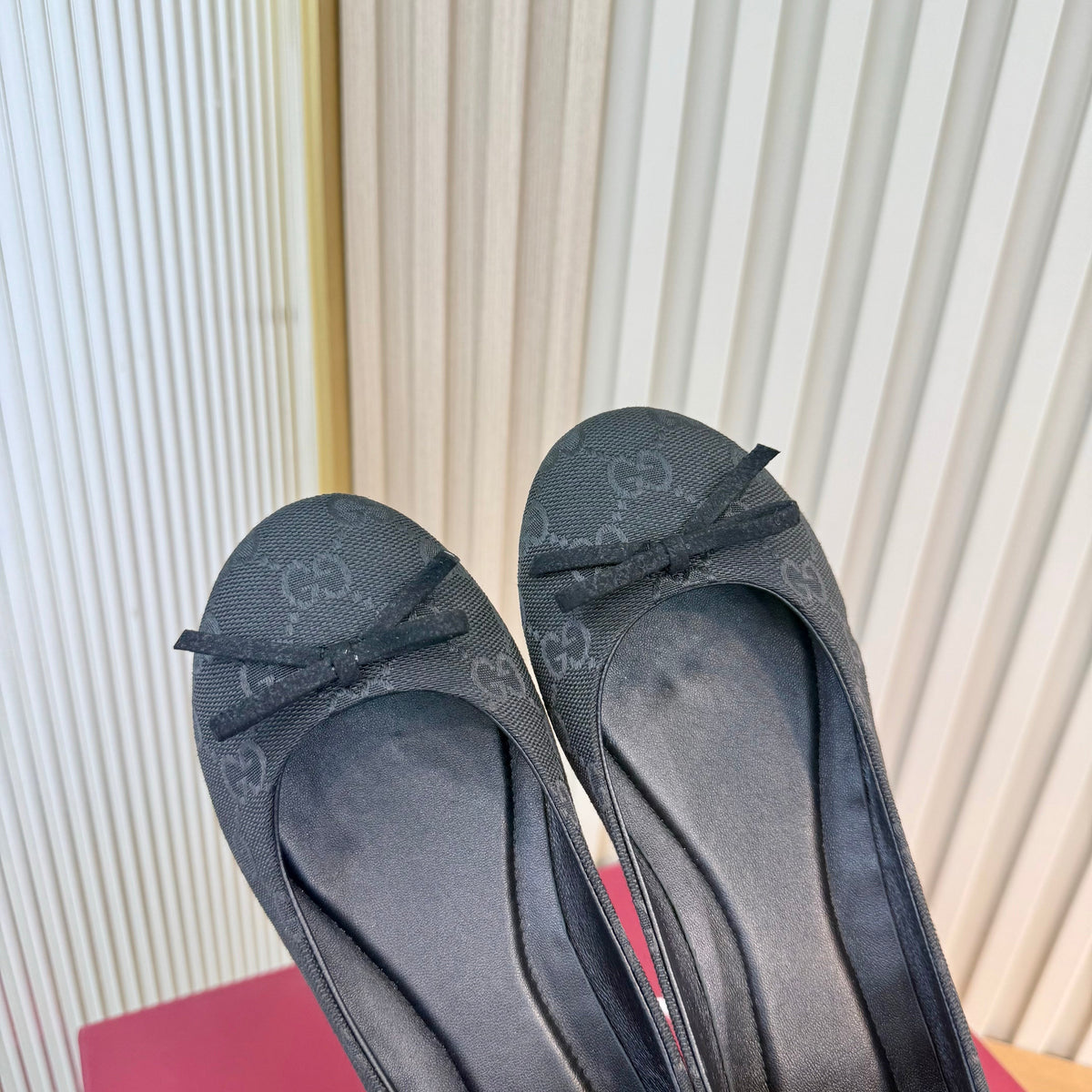 GG 26S Horsebit Ballet Flats Bow Detail Black GG Canvas 141309