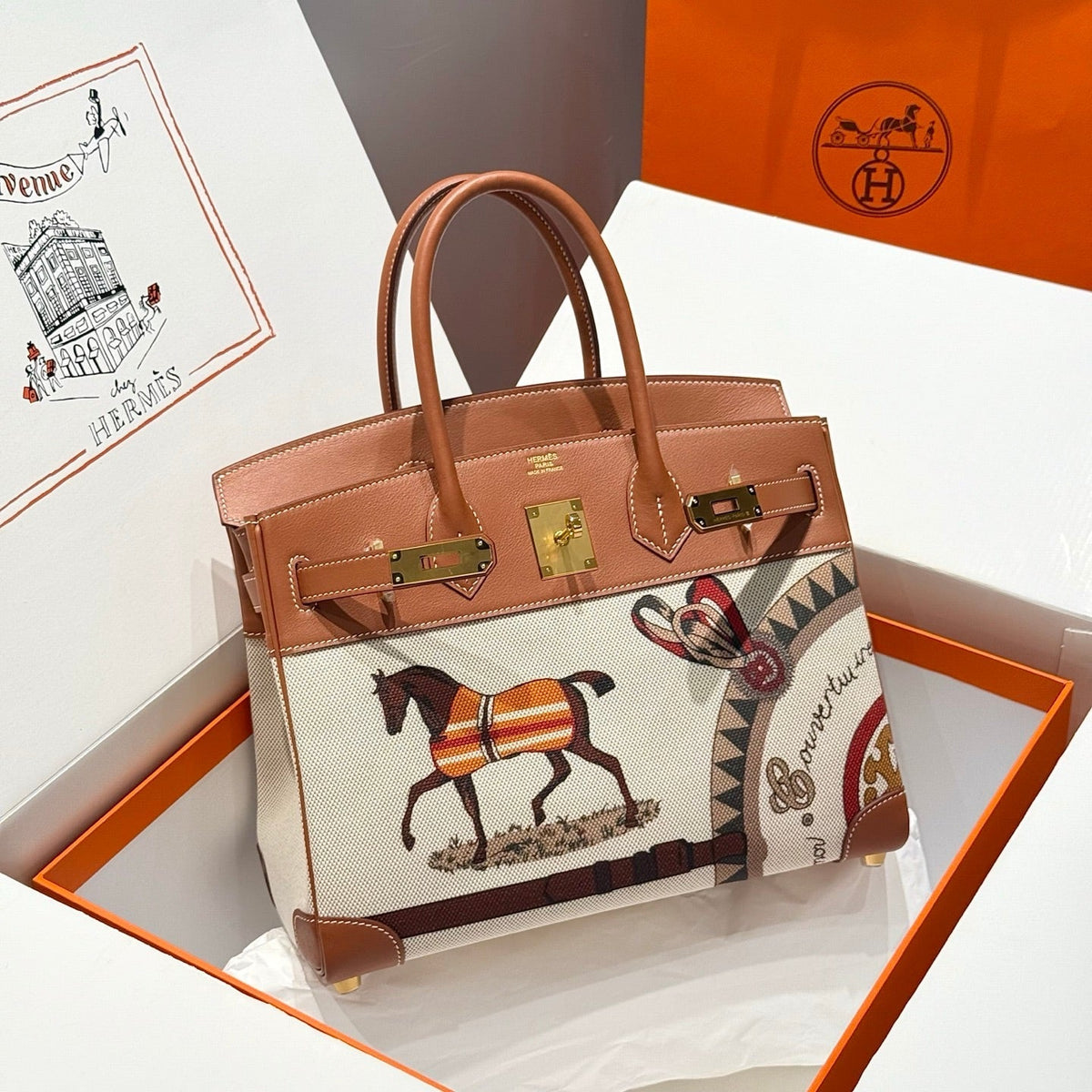 HM Birkin 40cm Golden Brown Swift Cowhide With Horse Totem Beige Canvas Fabric GHW