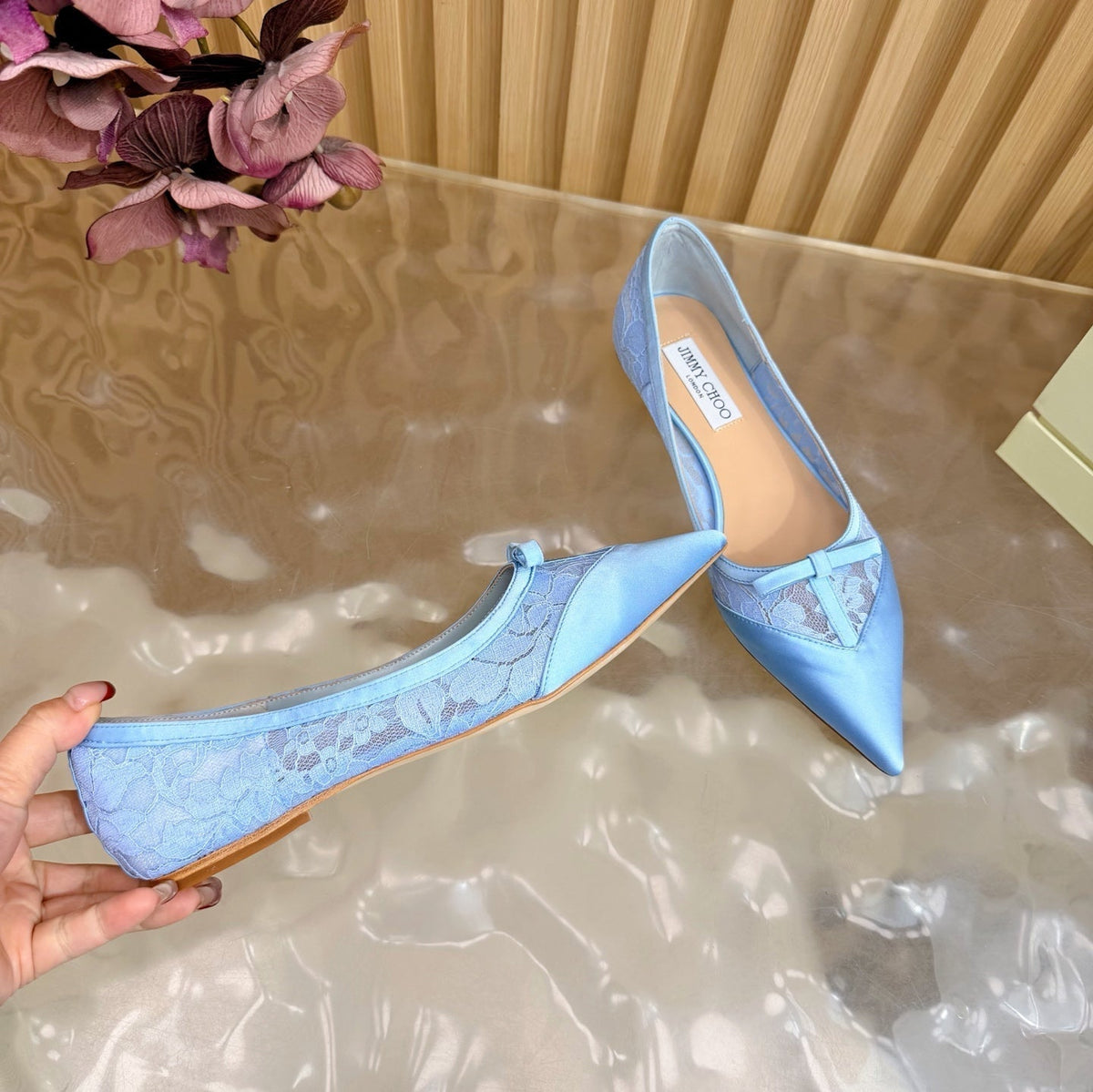 Jimmy Choo 26S Flats Sky Blue Lace And Satin 914835