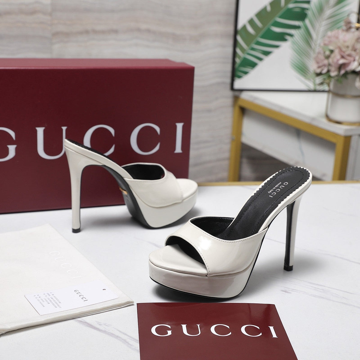 Gucci 26s Heeled Slide Sandals 12cm White Patent Calfskin