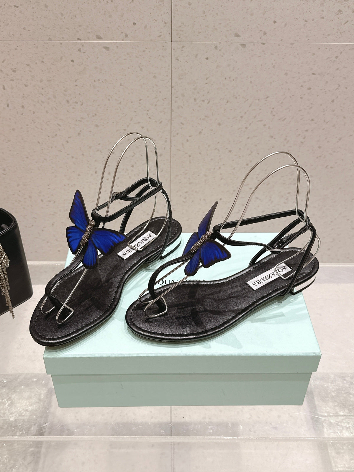 Aquazzura 26s Butterfly Thong Sandals Black Lambskin 739201