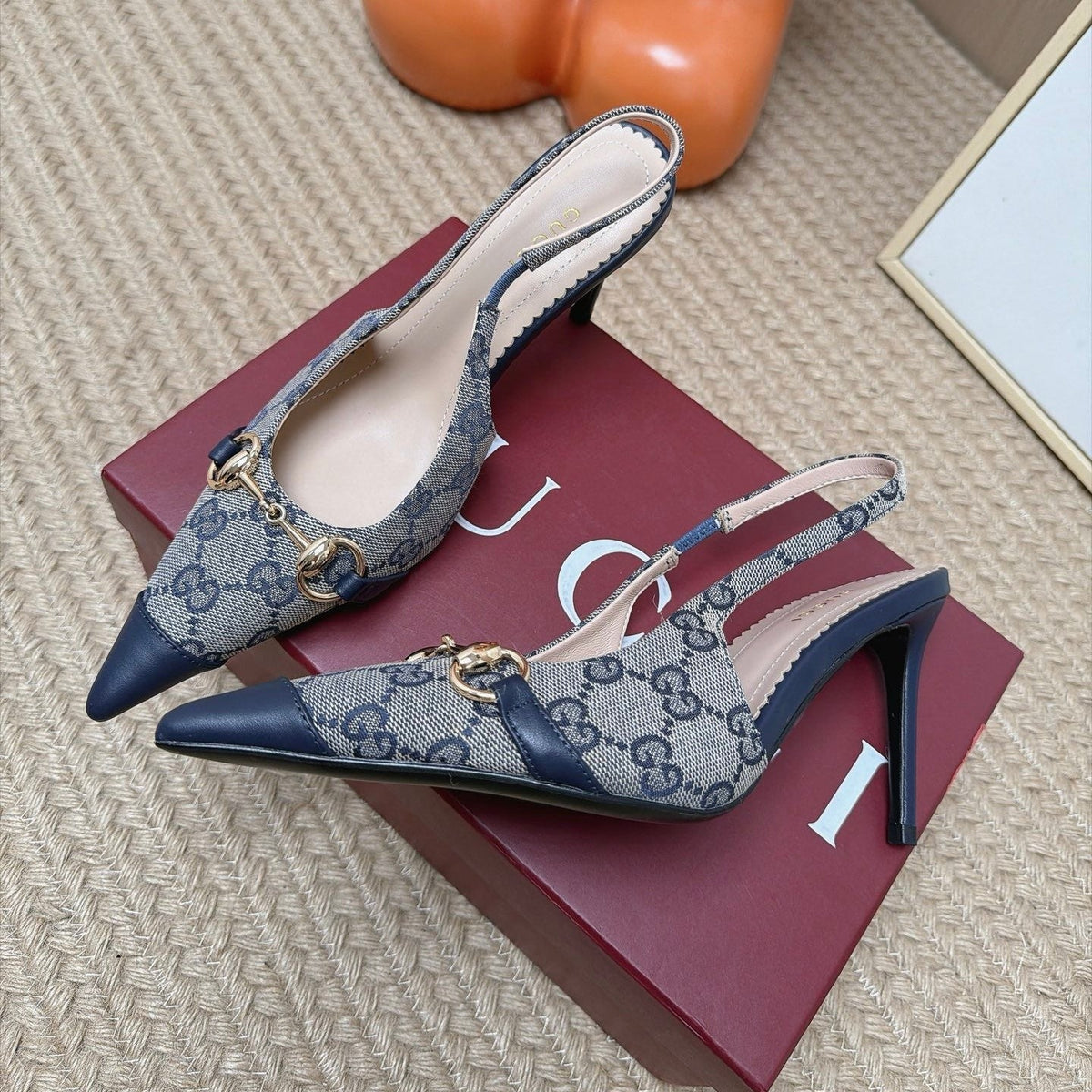 Gucci 26s Slingback Heels 10.5cm Grey Canvas Mix Navy Blue Lambskin