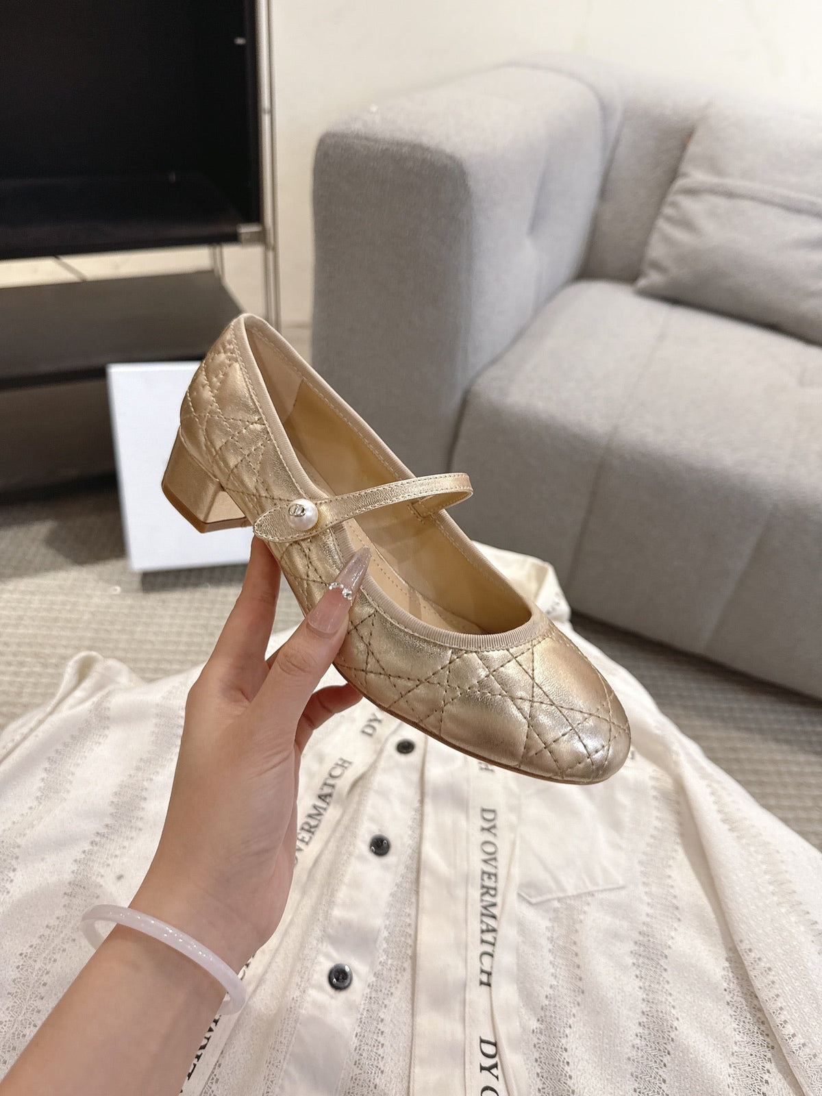 Dior 26s Mary Jane Pumps Gold Lambskin Pearl-Adorned Strap