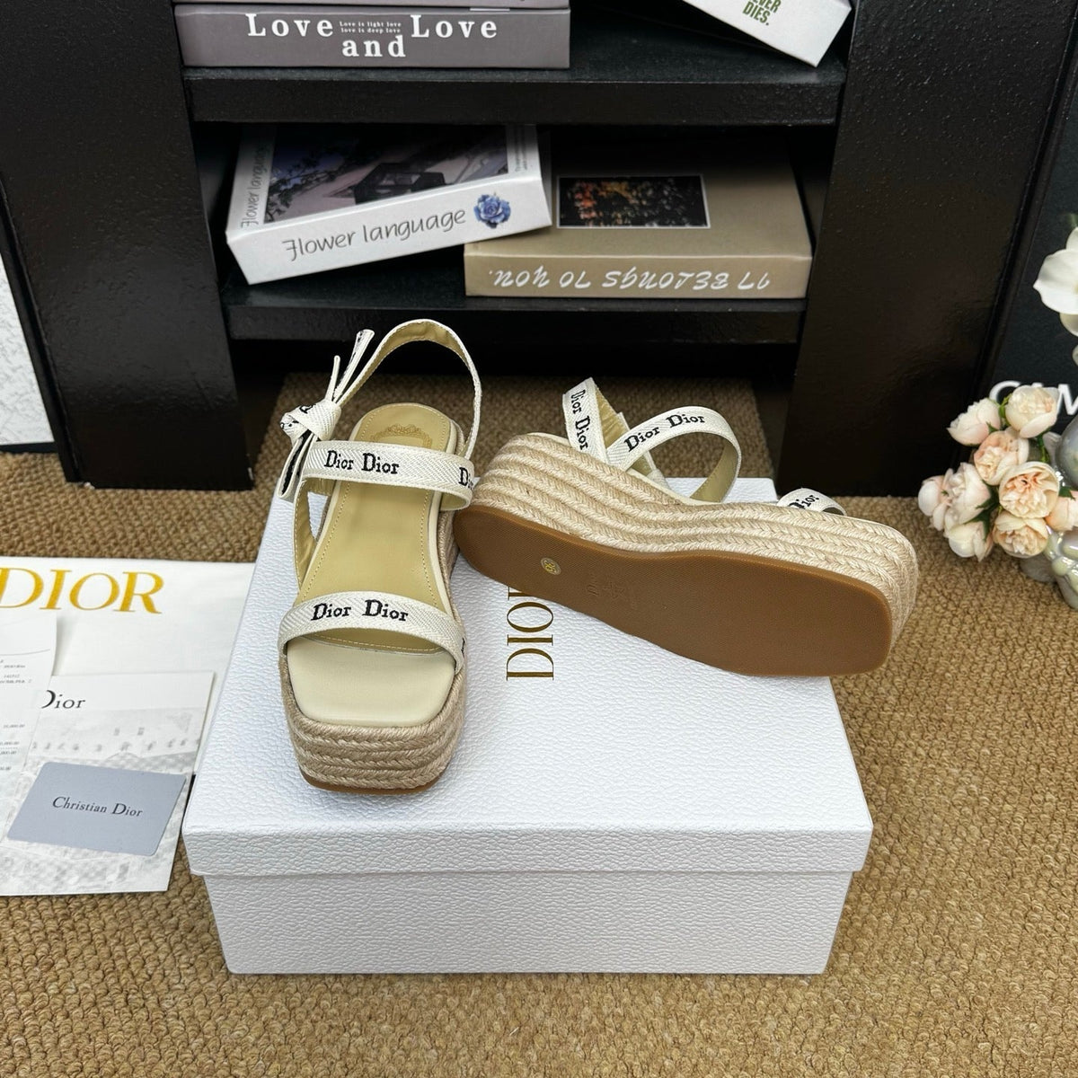 Dior 26s Espadrille Wedge Sandal Beige Canvas Calfskin