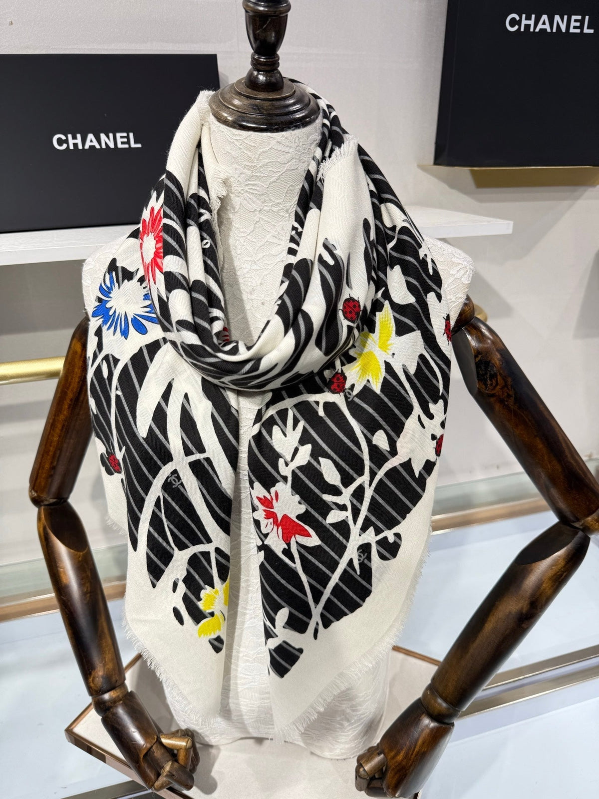 Chanel 2026 Floral Square Scarf 140cm Black Cashmere Silk 218856