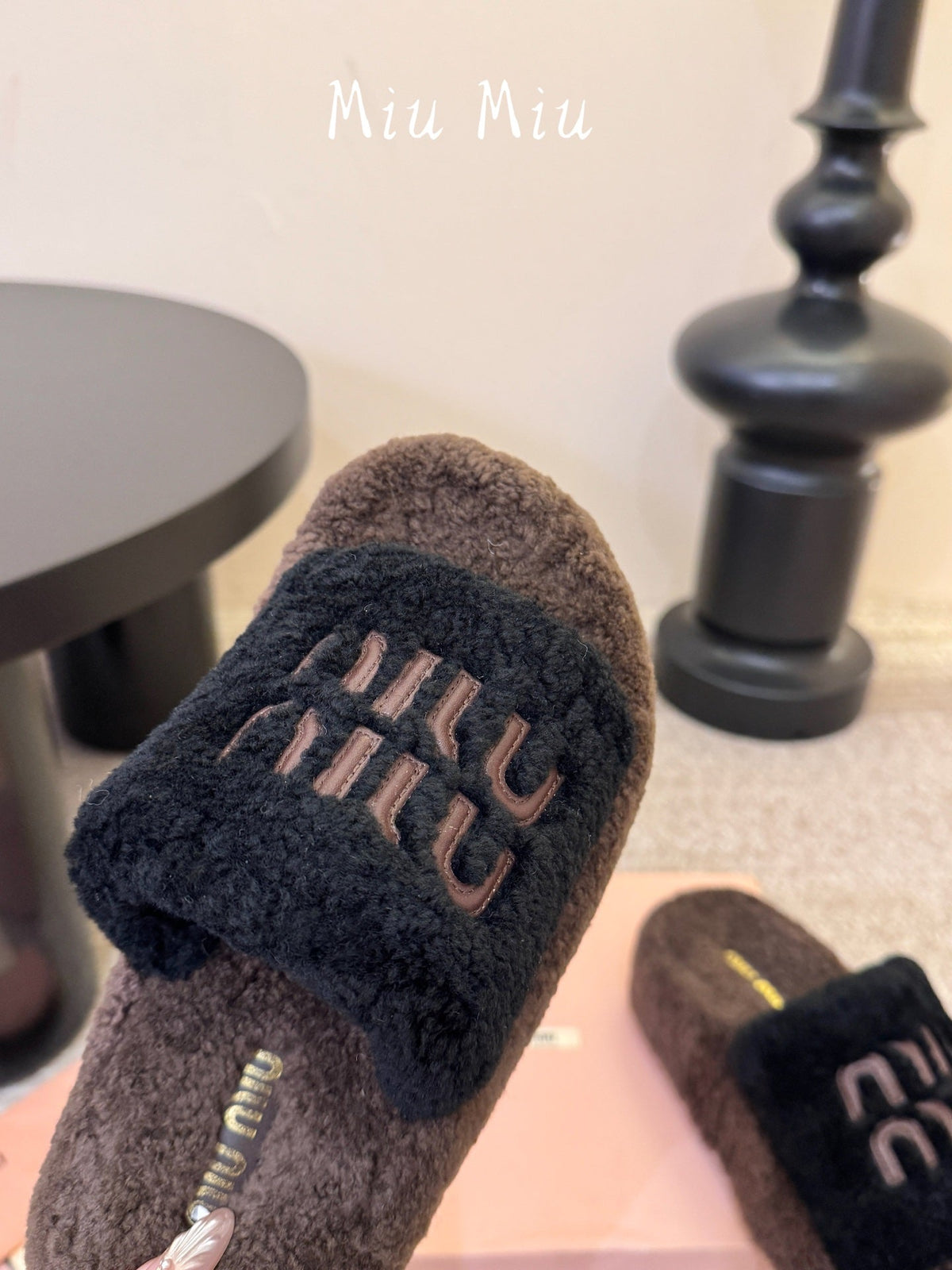 Miumiu 26s Platform Slides Dark Brown And Black Shearling