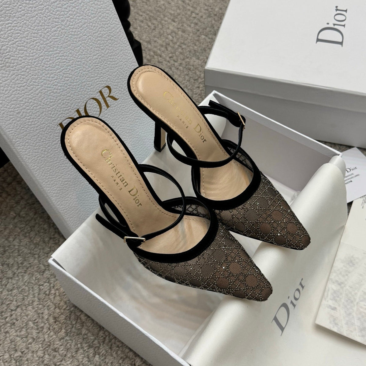 CD Rhinestone 10cm Slingback Sandals Imported Mesh 157555