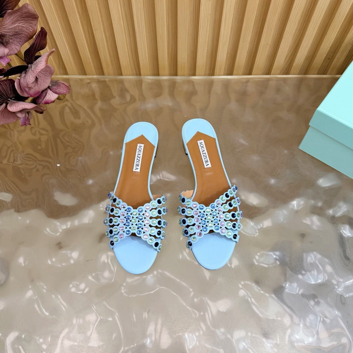 Aquazzura 26s Slides Sky Blue Calfskin Crystal-Embellished Straps 714953