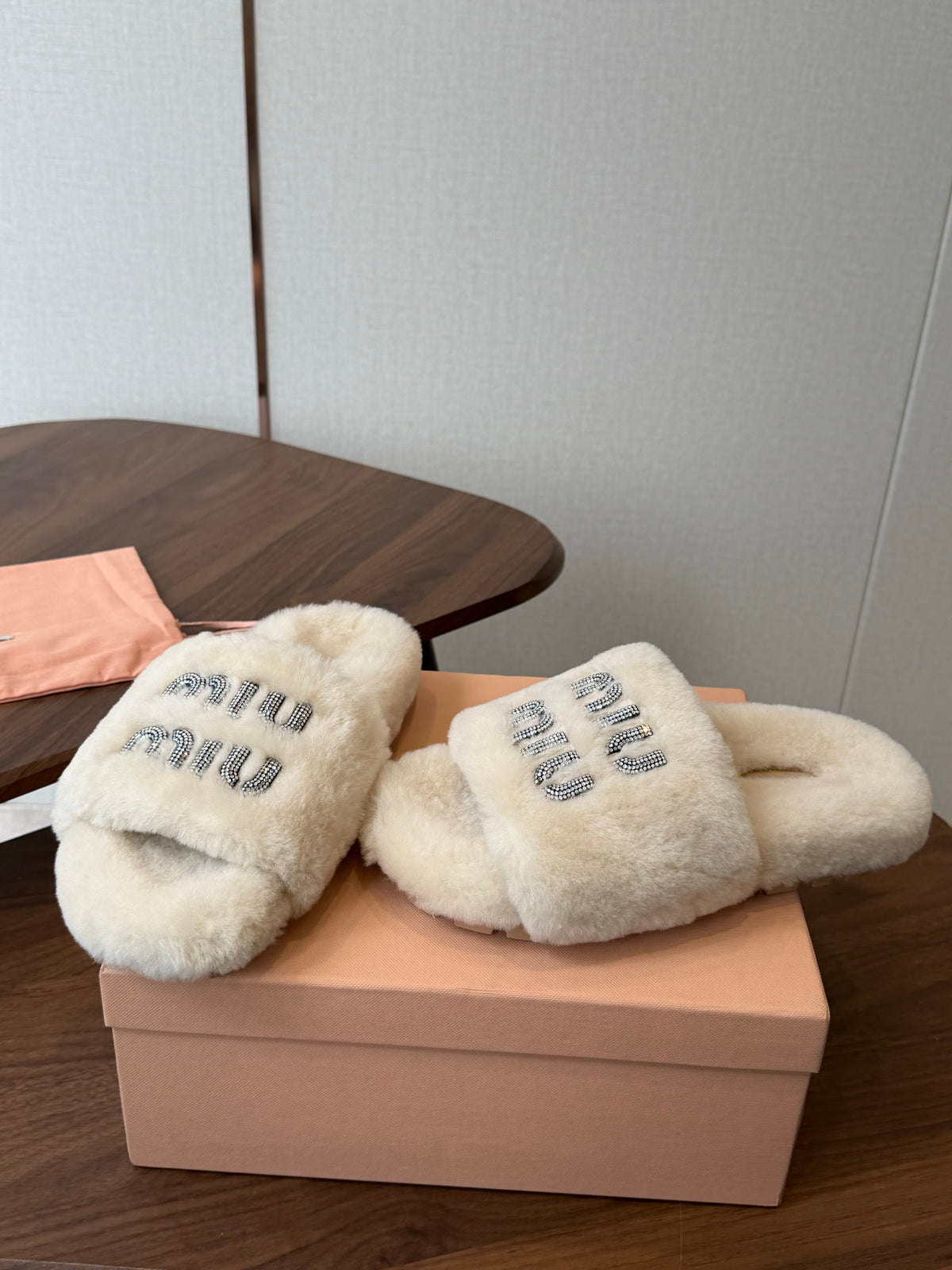 Miumiu 26s Crystal Logo Slides Light Beige Shearling