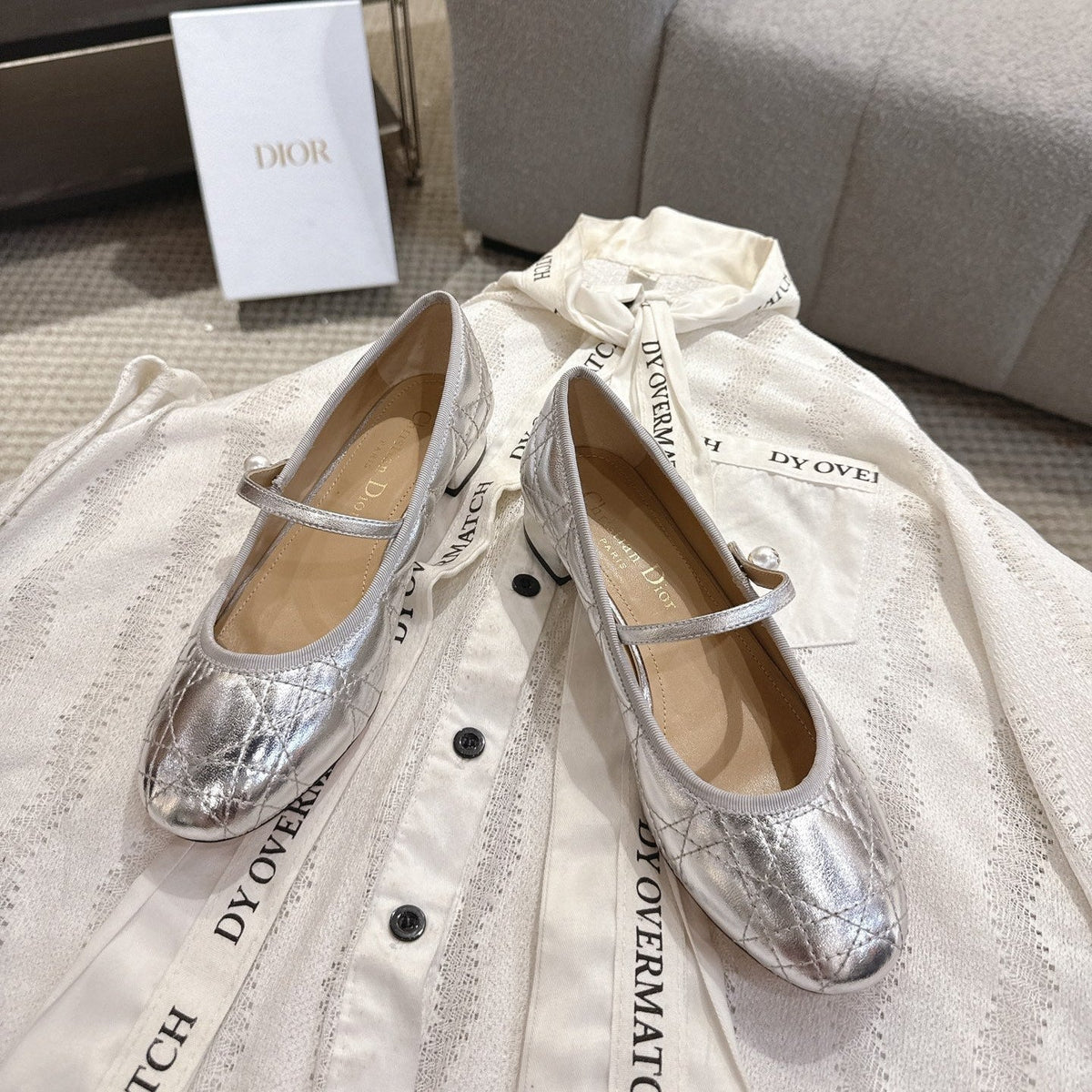 Dior 26s Mary Jane Pumps Silver Lambskin Pearl-Adorned Strap