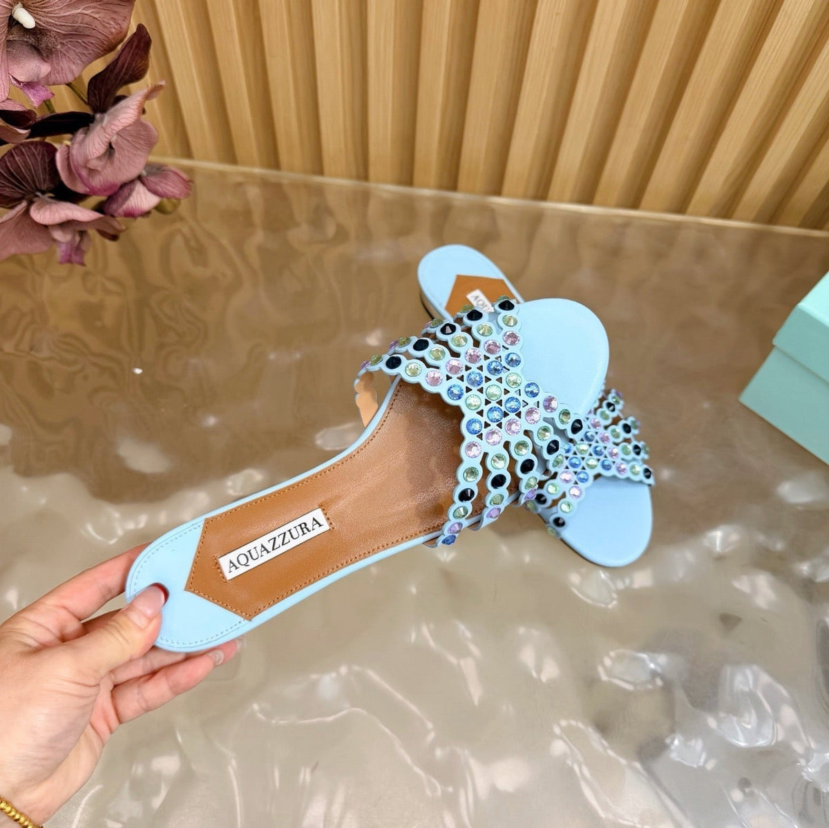 Aquazzura 26s Slides Sky Blue Calfskin Crystal-Embellished Straps 714953
