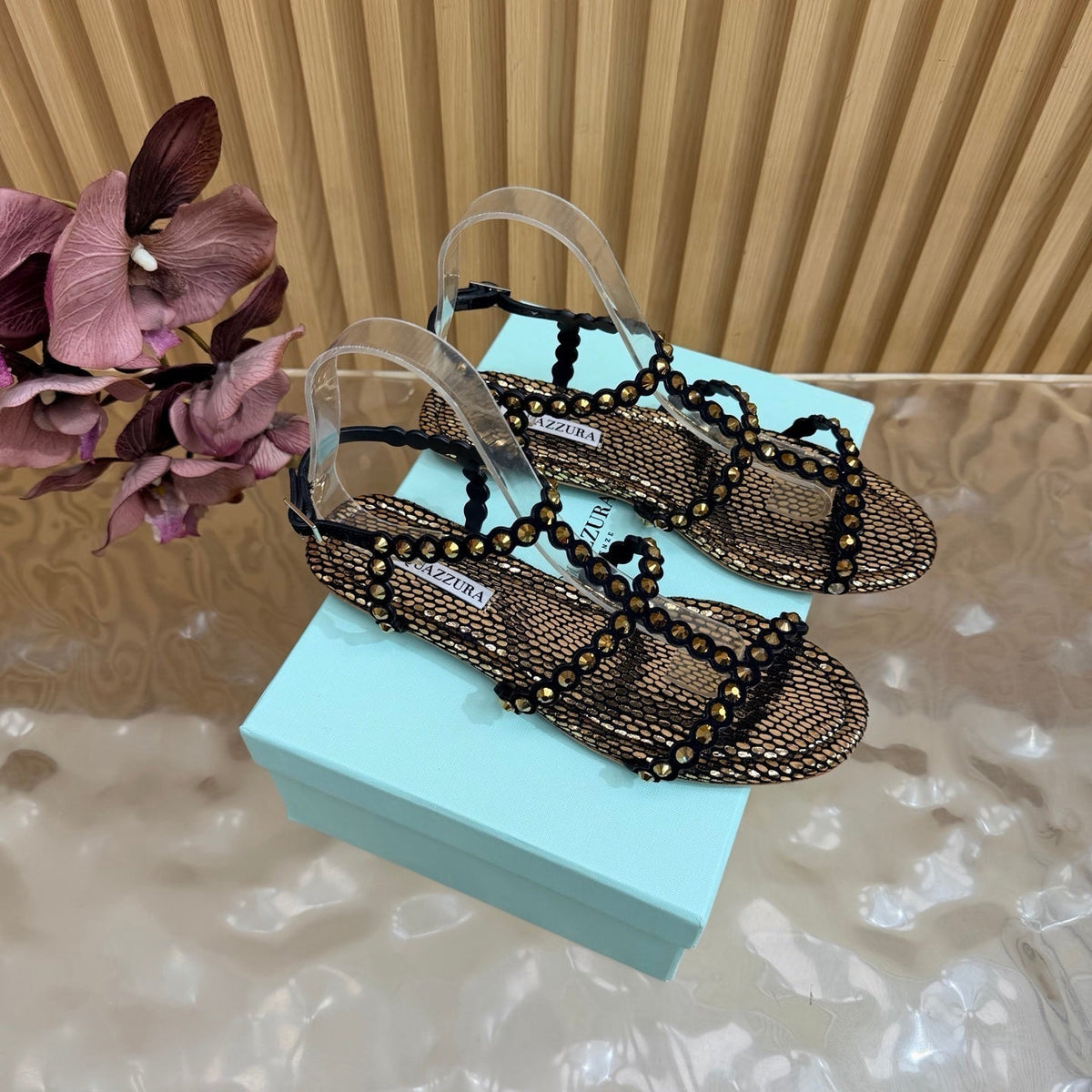 Aquazzura 26s Flat Sandals Bronze Metallic Snakeskin Crystal Embellished 739415