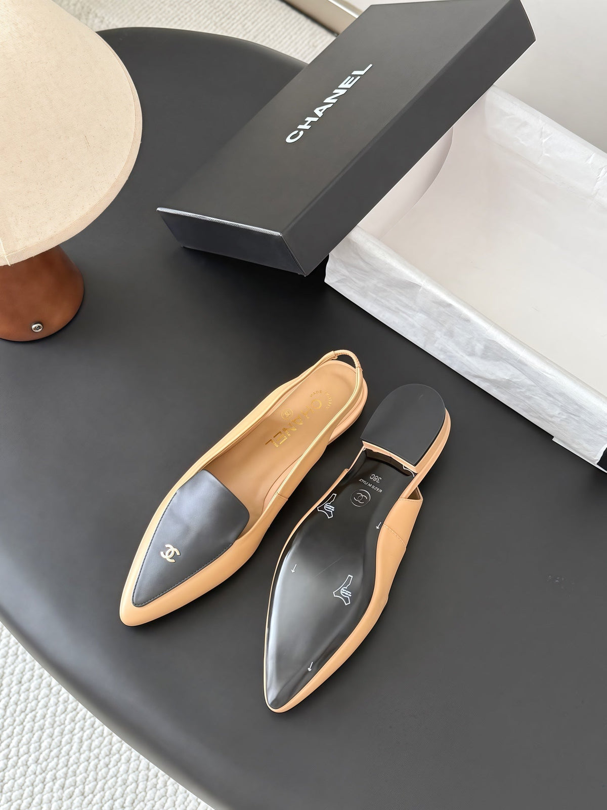 Chanel 26s Slingback Flat Black Beige Calfskin