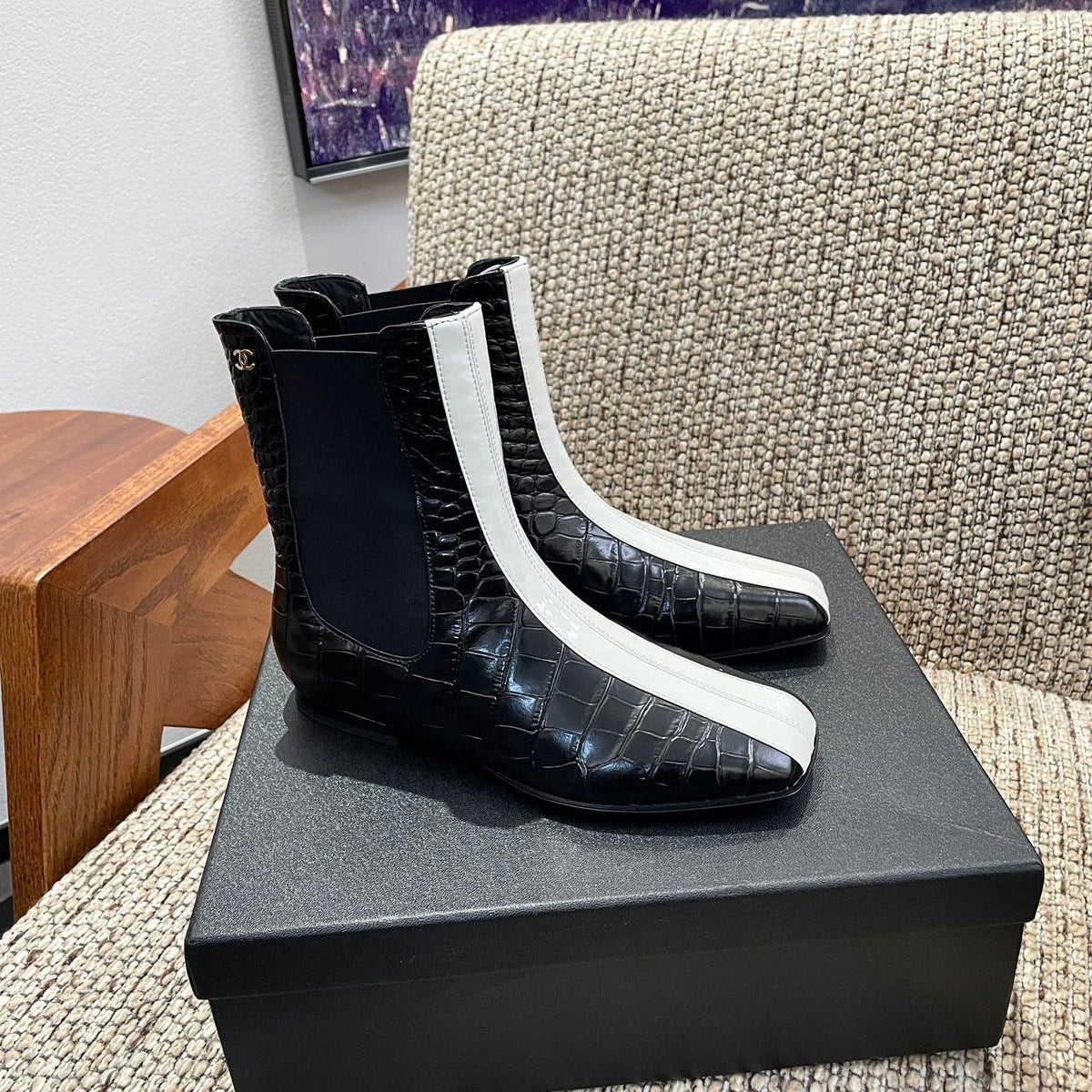 Chanel 26s Ankle Boots Black Crocodile Embossed Calfskin White Trim