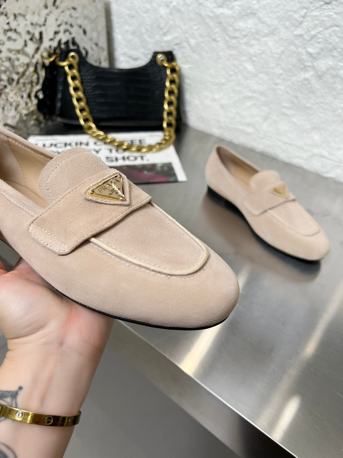Prada 26S Classic Loafers Nude Beige Logo Suede