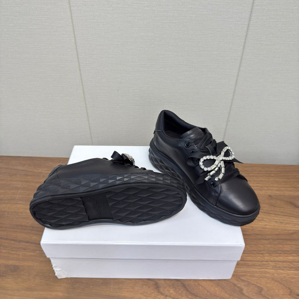 Jimmy Choo 26S Sneakers 5.5cm Black Calfskin With Crystal Bow 472915