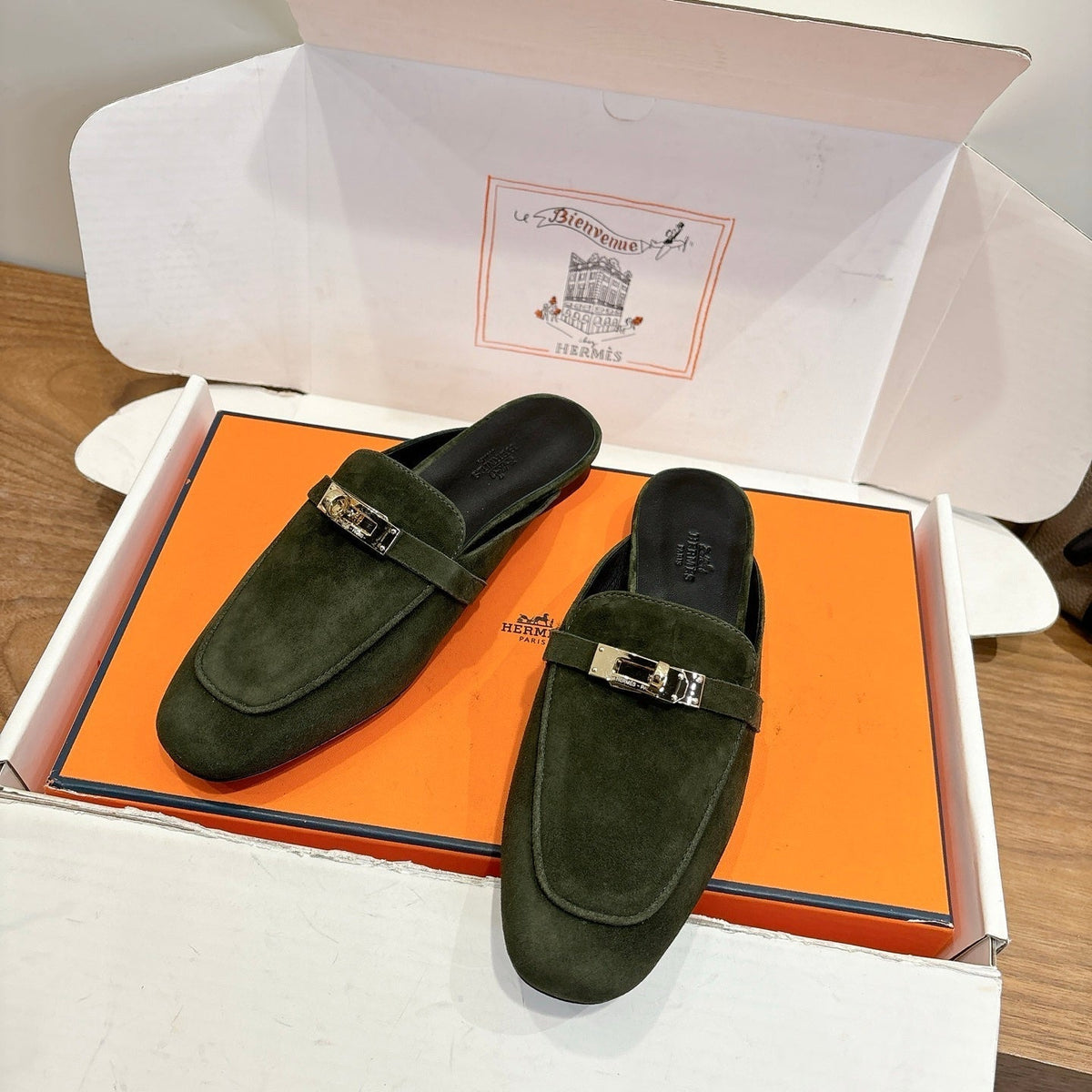 HM 26s Oz Mule Dark Olive Green Suede Gold Hardware