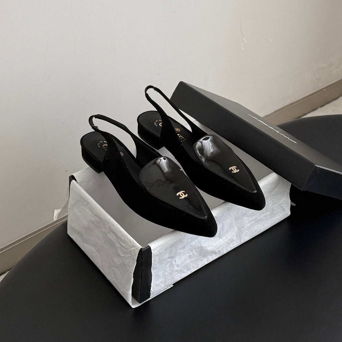 Chanel 26s Slingback Flat Black Suede Calfskin