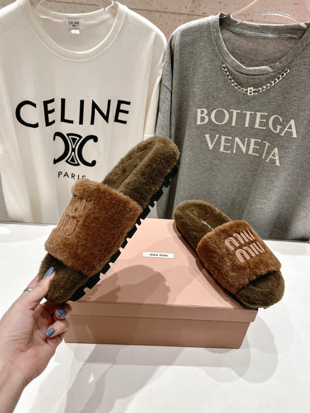 Miumiu 26s Flat Slides Brown Shearling