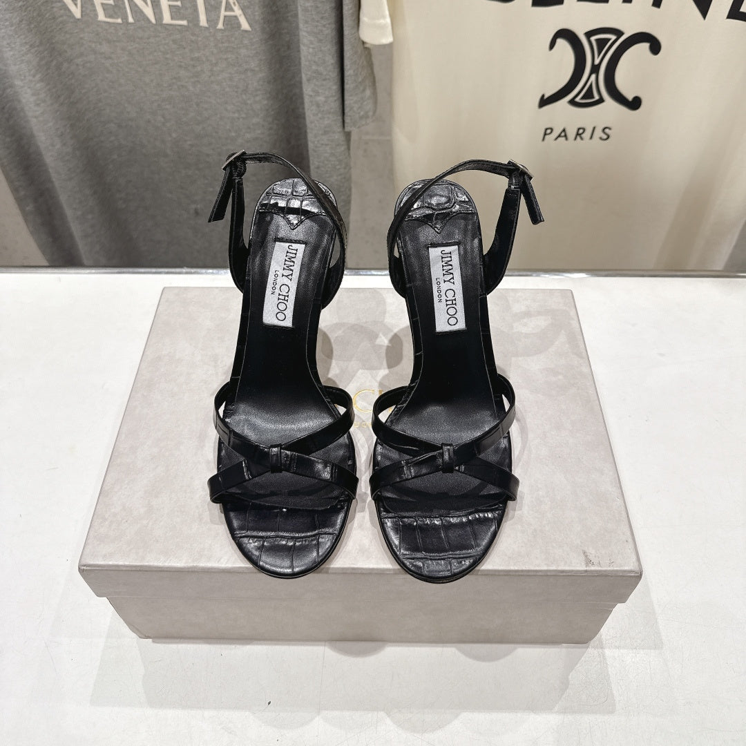 Jimmy Choo 26S High-Heeled Sandals 10.0cm Black Croc-Embossed Lambskin 582194