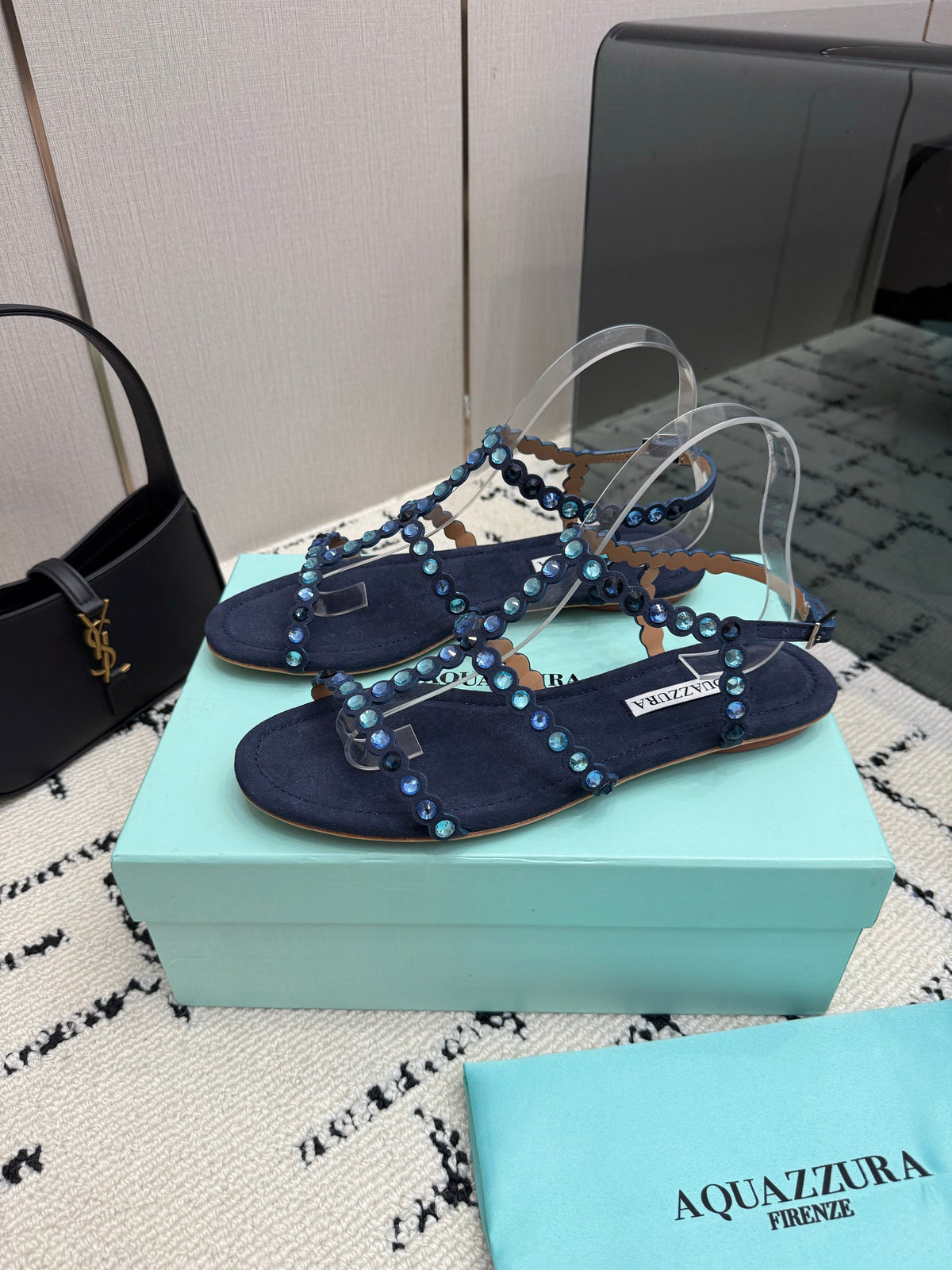 Aquazzura 26s Flat Sandals Navy Blue Suede Crystal-Embellished 610482
