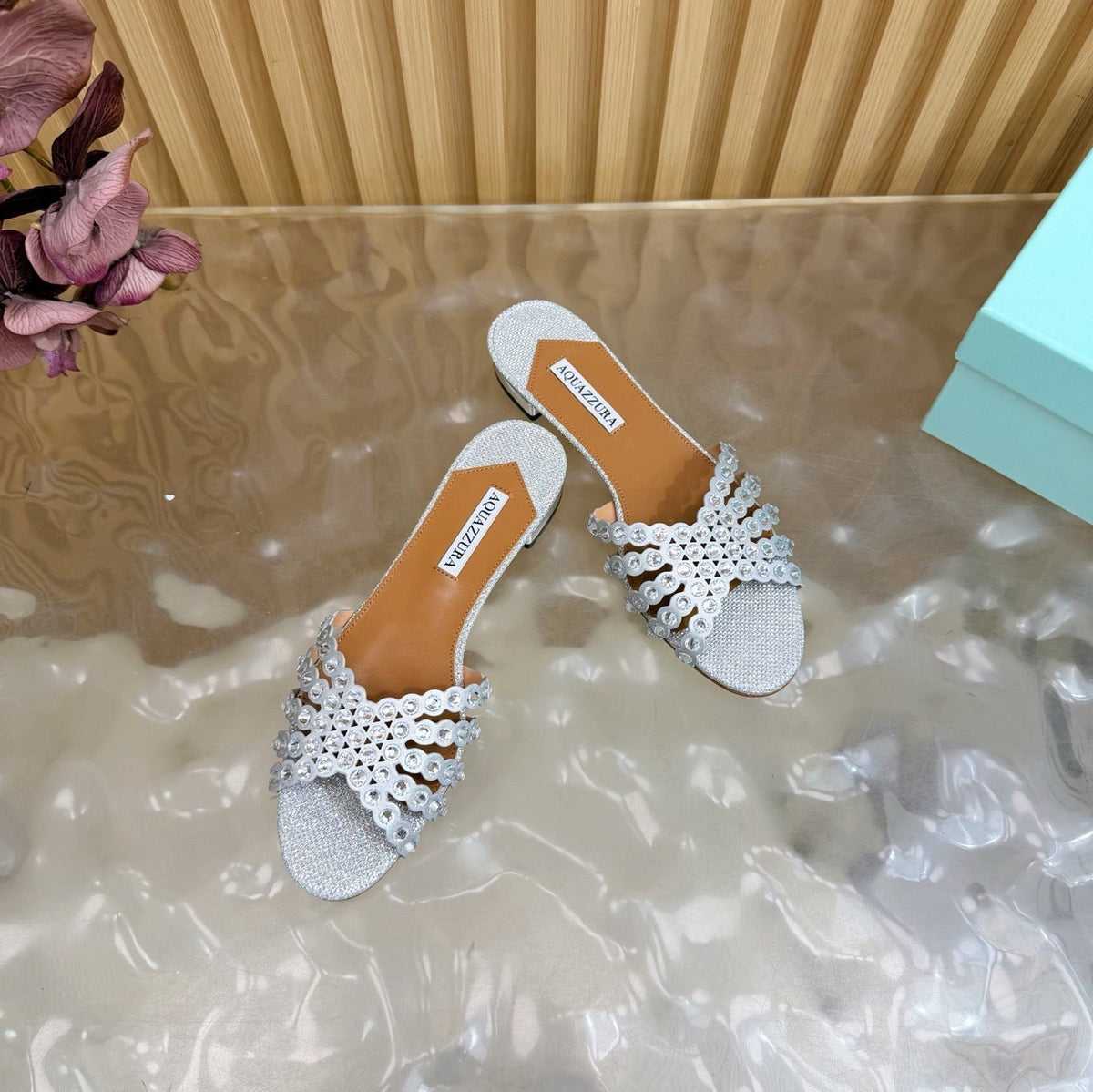 Aquazzura 26s Slides Silver Lurex Fabric 839214