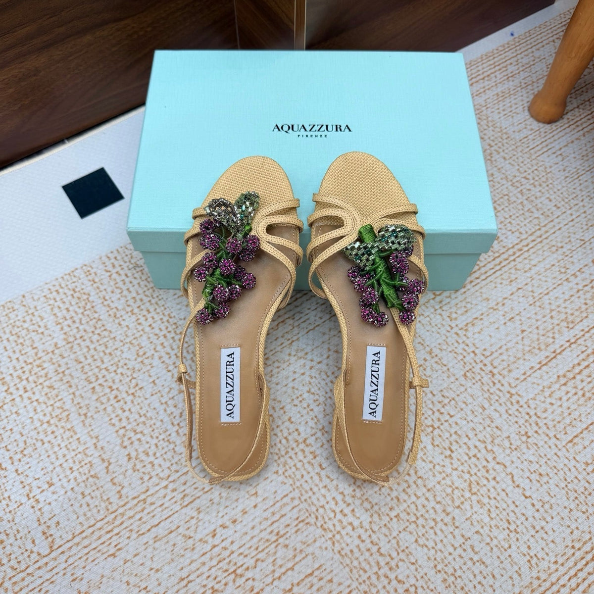 Aquazzura 26s Crystal Sandals Beige Fabric 618493