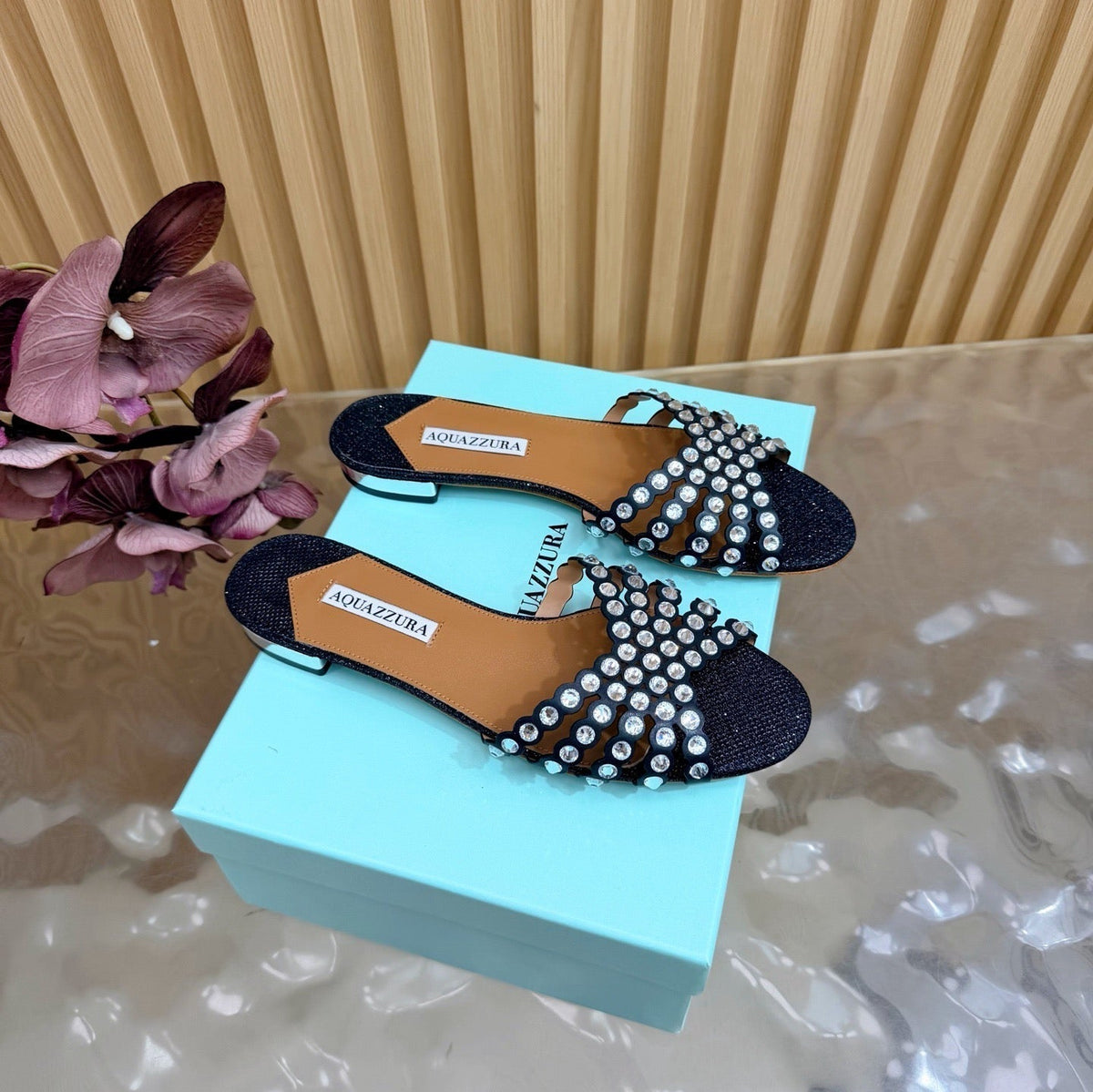 Aquazzura 26s Slides Black Lurex Fabric 830154