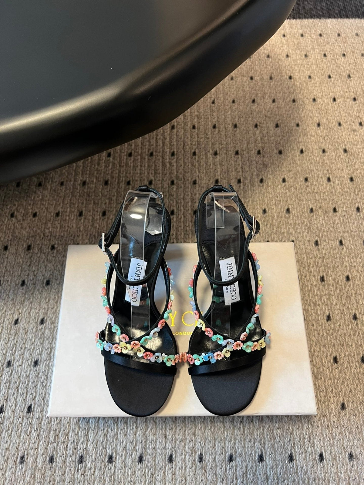 Jimmy Choo 26S Floral Heel Sandals 8.5cm Black Satin And Lambskin 524193