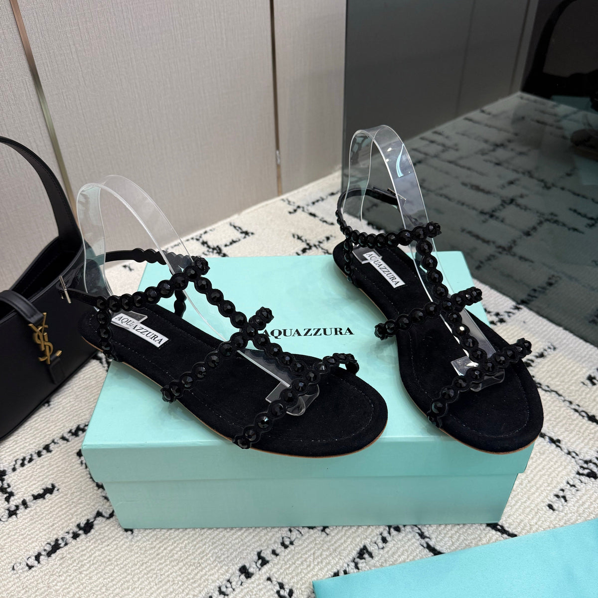 Aquazzura 26s Flat Sandals Black Suede Crystal-Embellished 381054