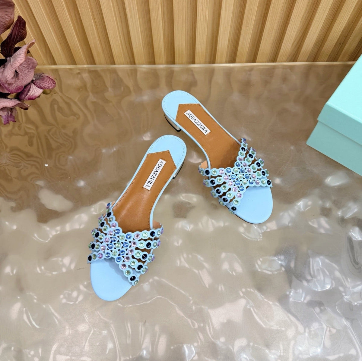 Aquazzura 26s Slides Sky Blue Calfskin Crystal-Embellished Straps 714953
