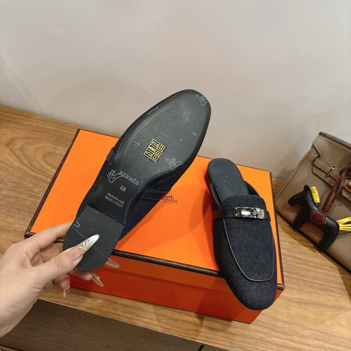 HM 26s Oz Mule Black Denim Silver Hardware