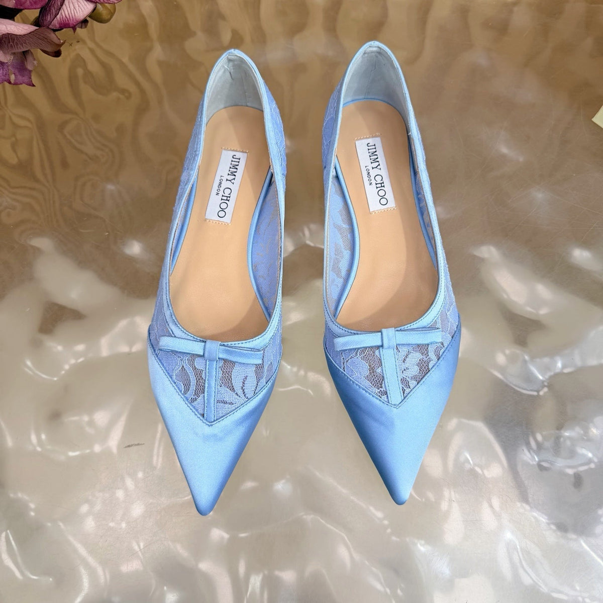 Jimmy Choo 26S Flats Sky Blue Lace And Satin 914835