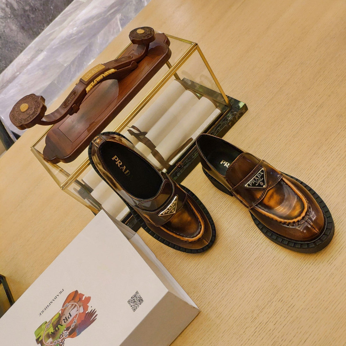 Prada 26S Penny Loafers 55mm Brown Patent Calfskin