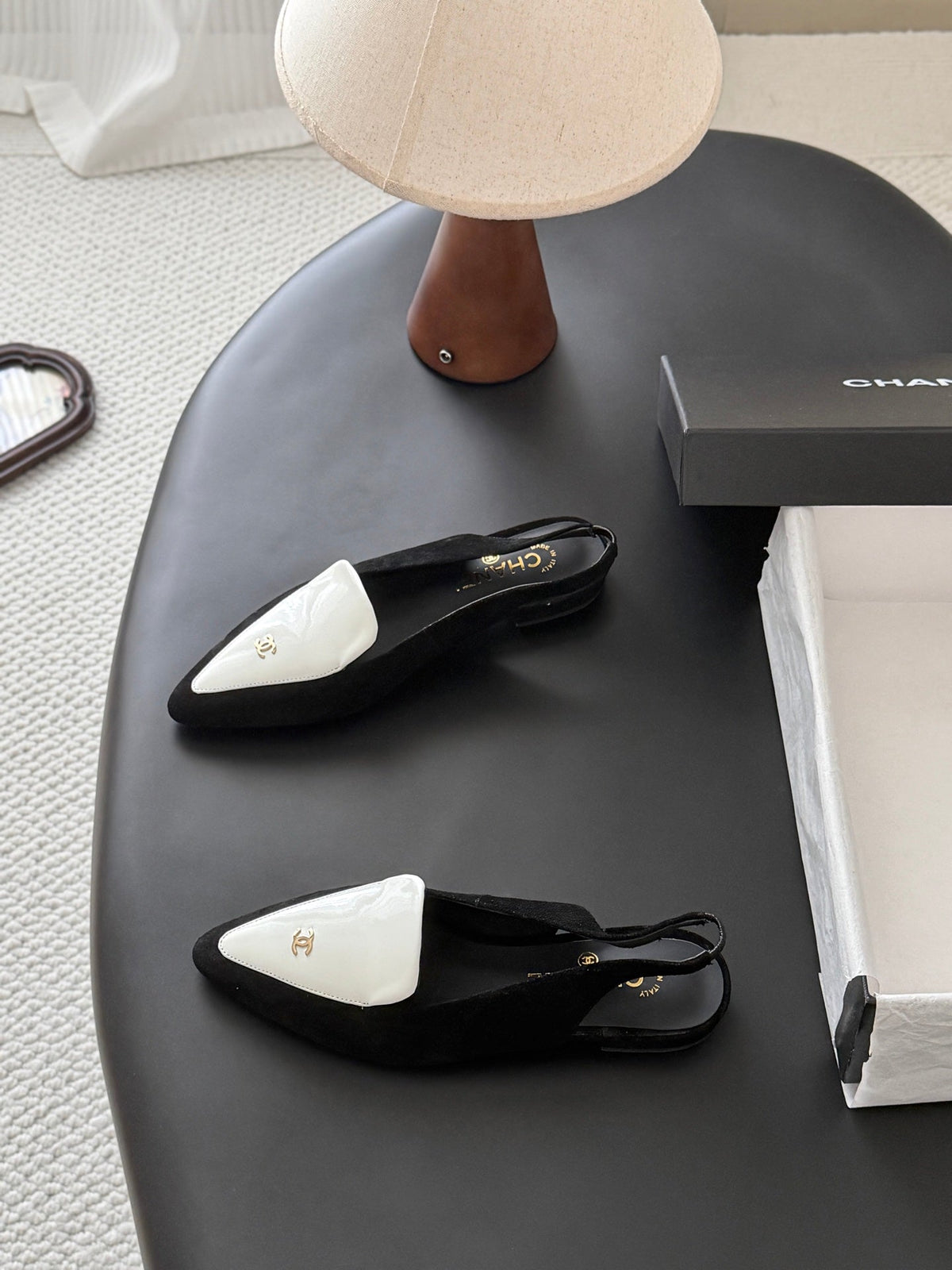 Chanel 26s Slingback Flat Black White Suede CC Logo