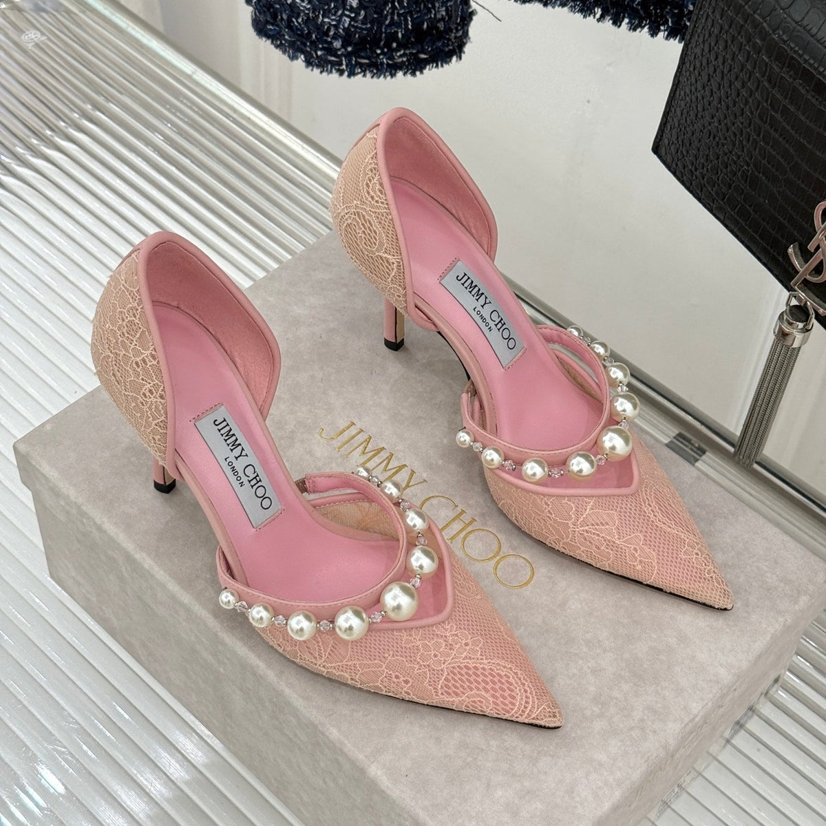 Jimmy Choo 26S High Heels 6.5cm Light Pink Lace Pearl-Embellished 931846