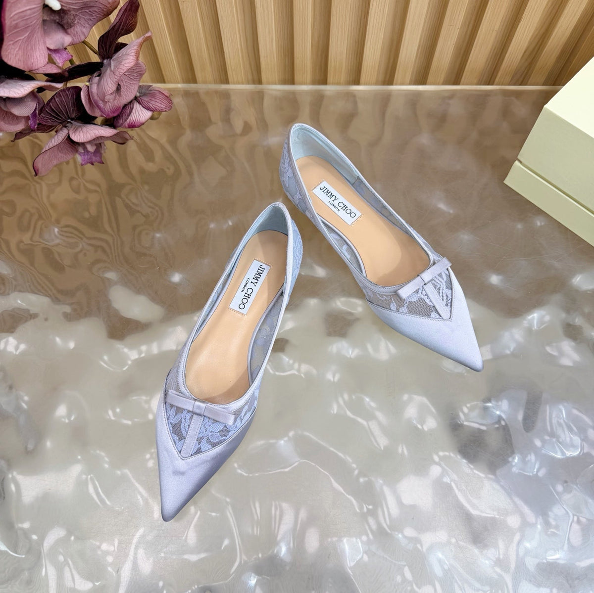 Jimmy Choo 26S Flats Pastel Blue Lace And Satin 418295