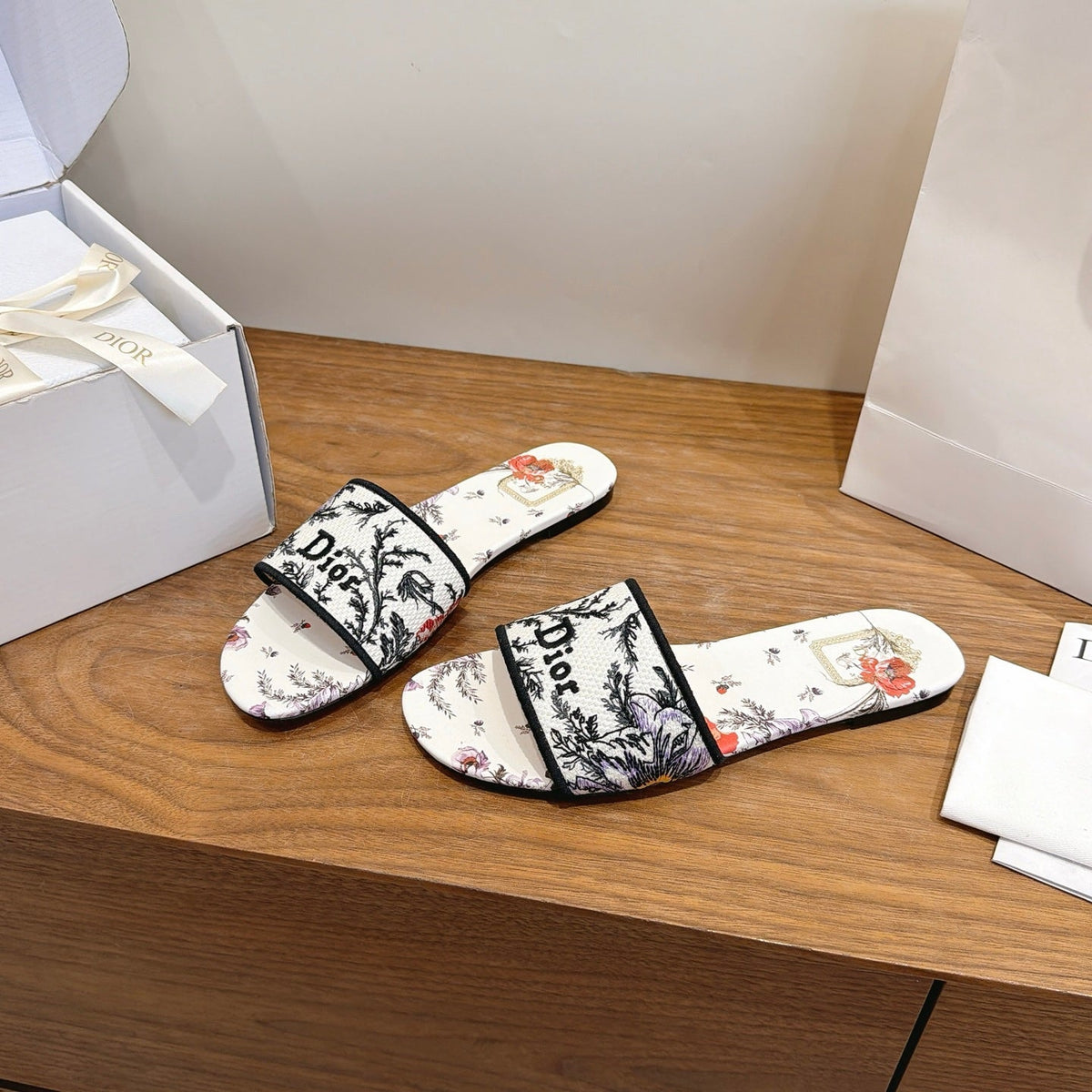 CD 26s Flat Slide Sandals Multicolor Embroidered Canvas 429185