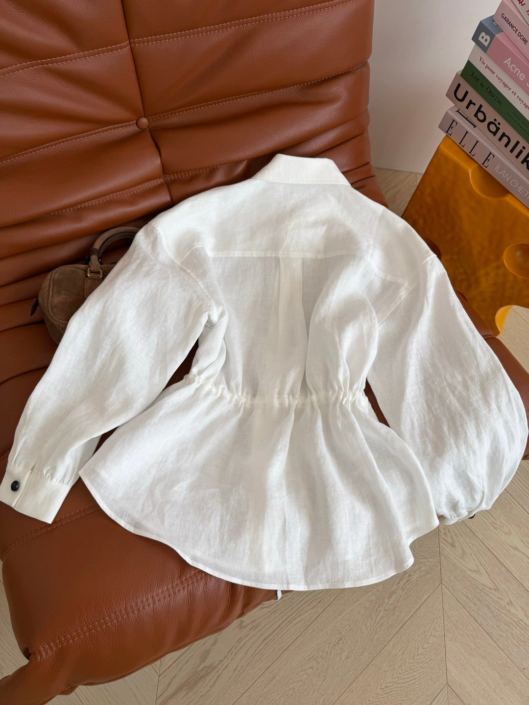 CC 26FW Drawstring Waist Shirt Contrast Stitching Double C Black Buttons White Cotton 438583