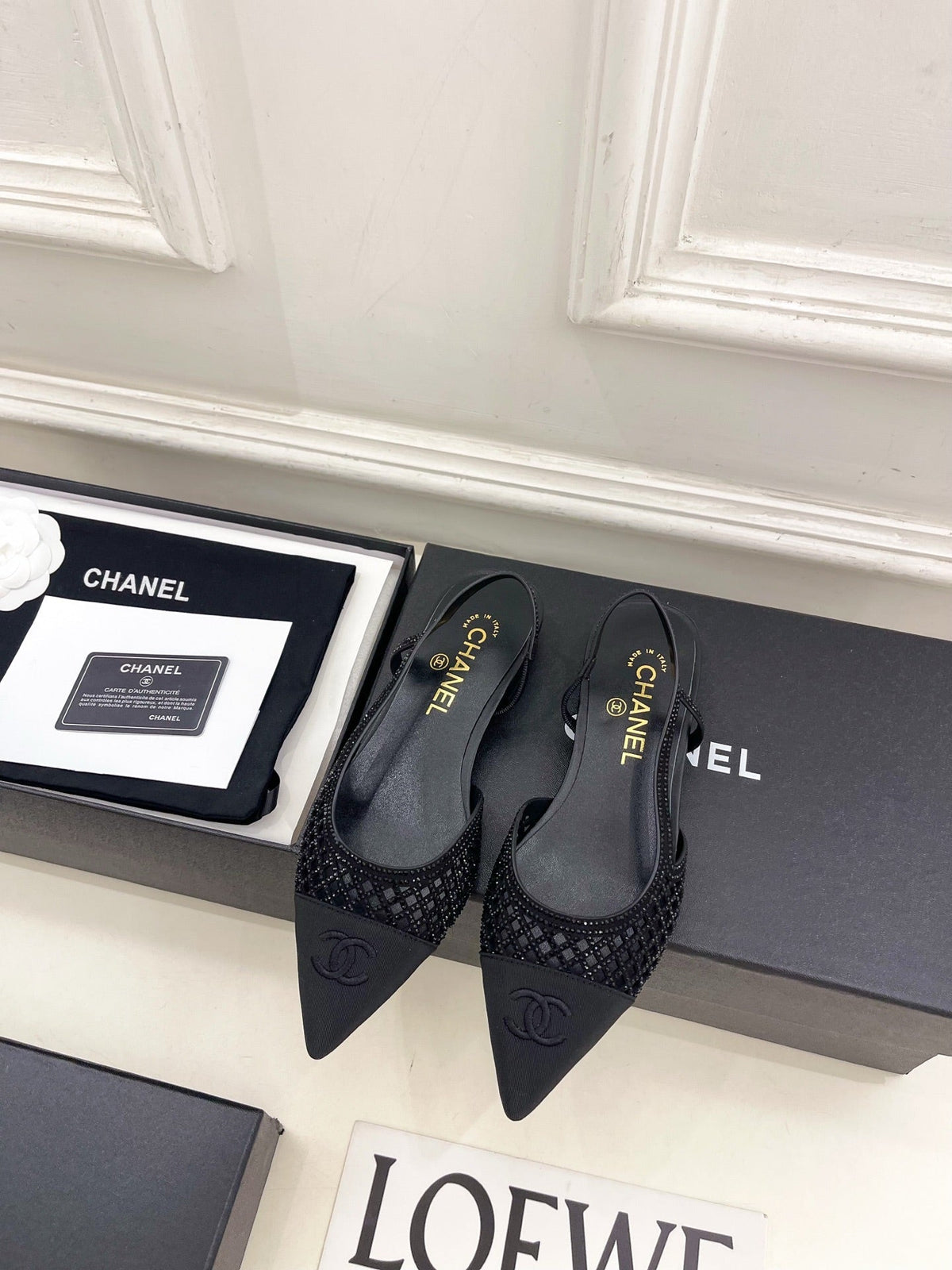 Chanel 26s Flat Pointed Toe Slingback Black Mesh