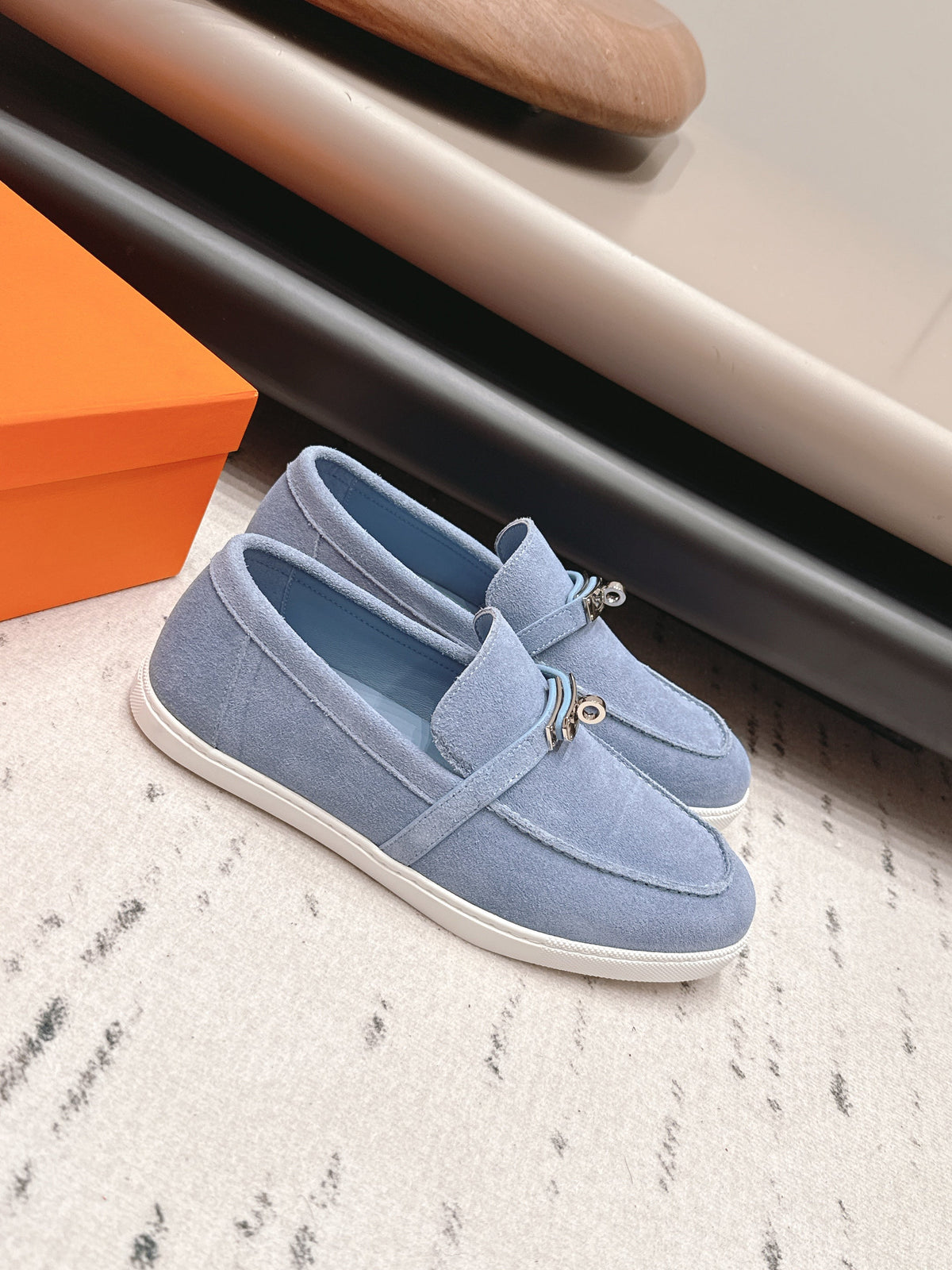 HM 26S Kelly Paris Loafers Light Blue Suede Silver Hardware