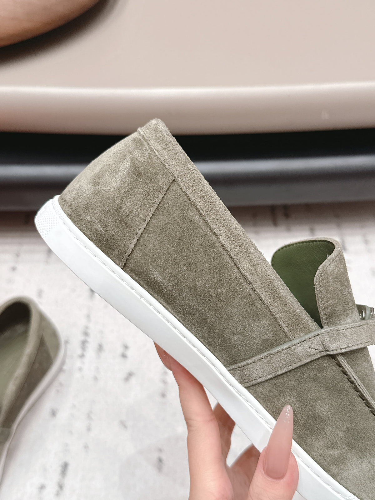 HM 26S Kelly Paris Loafers Olive Green Suede Silver Hardware