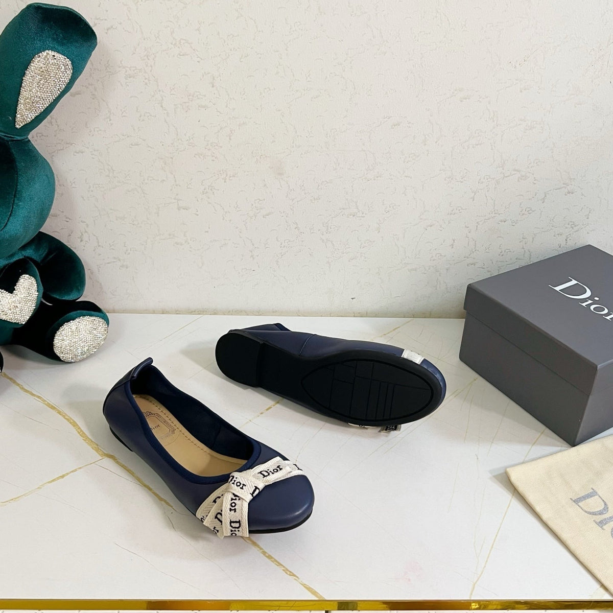 Dior 26s Bow Ballet Flats Navy Blue Calfskin